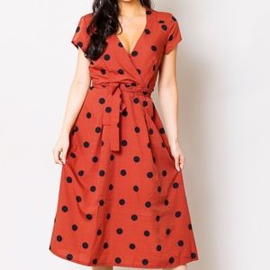 Red | Polka Dot V Neck Midi Dress